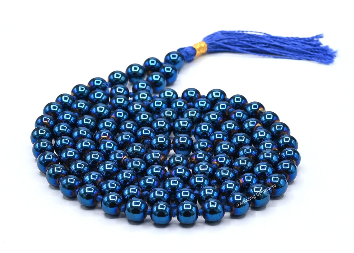 Blue Peacock Hematite Buddhist Prayer Beads Japa Mala with 108 Meditation Beads (Hand Knotted / Blue Peacock Hematite)