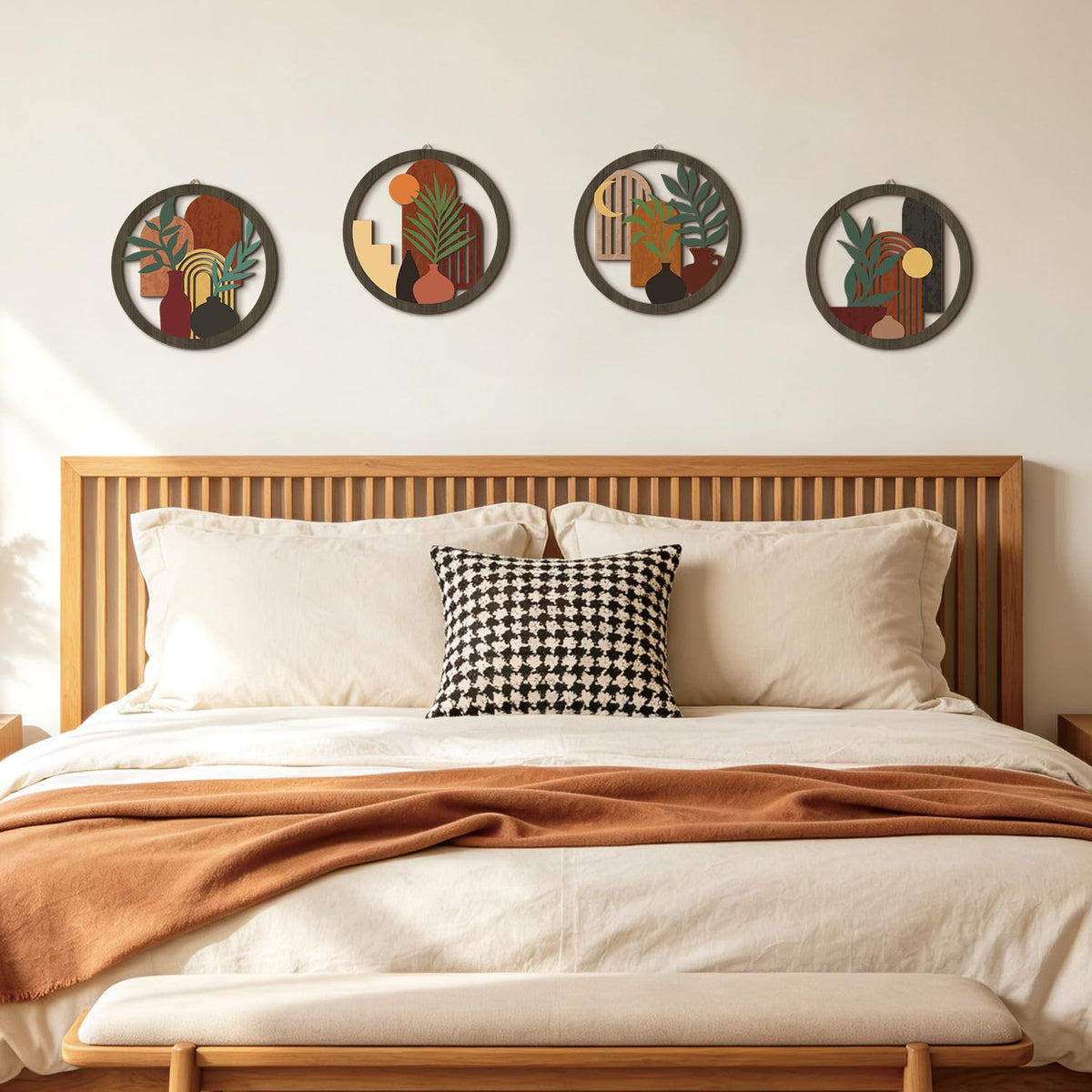 Boho Vase Plant Wooden Wall Art Minimalist Botanical Hanging Sign (4pcs Boho Vase Plant Wooden Wall Art)