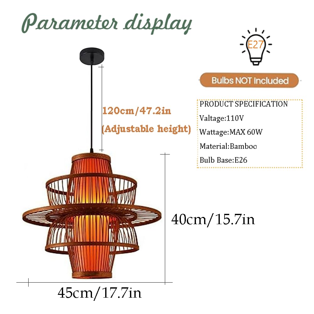 Japanese Retro Bamboo Pendant Light Vintage Zen Original Lighting Fixture Unique Large Lantern Ceiling Light Chandelier for High Ceiling Restaurant Cafe Corridor Teahouse Indoor Decor (45*40cm)
