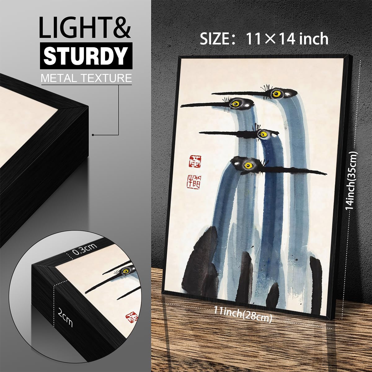 Vintage Japanese Crane Black Framed Poster Antique Asian Bird Canvas Wall Art 11x14 inch Blue Minimalist Animal Watercolor Prints for Country Farmhouse Wall Decor for Living Room Study Office Ready to hang (Black Framed / Japanese Decor / 14"L x 11"W)