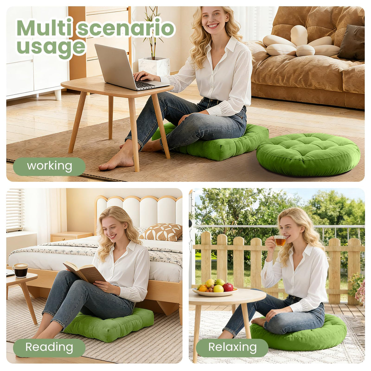 Floor Cushion Pillow Set of 2 Large Round and Square Floor Pillows for Adults Meditation Cushion Pillow Tufted Corduroy Cushions for Living Room Outdoor Yoga Tatami Fireplace (Green)