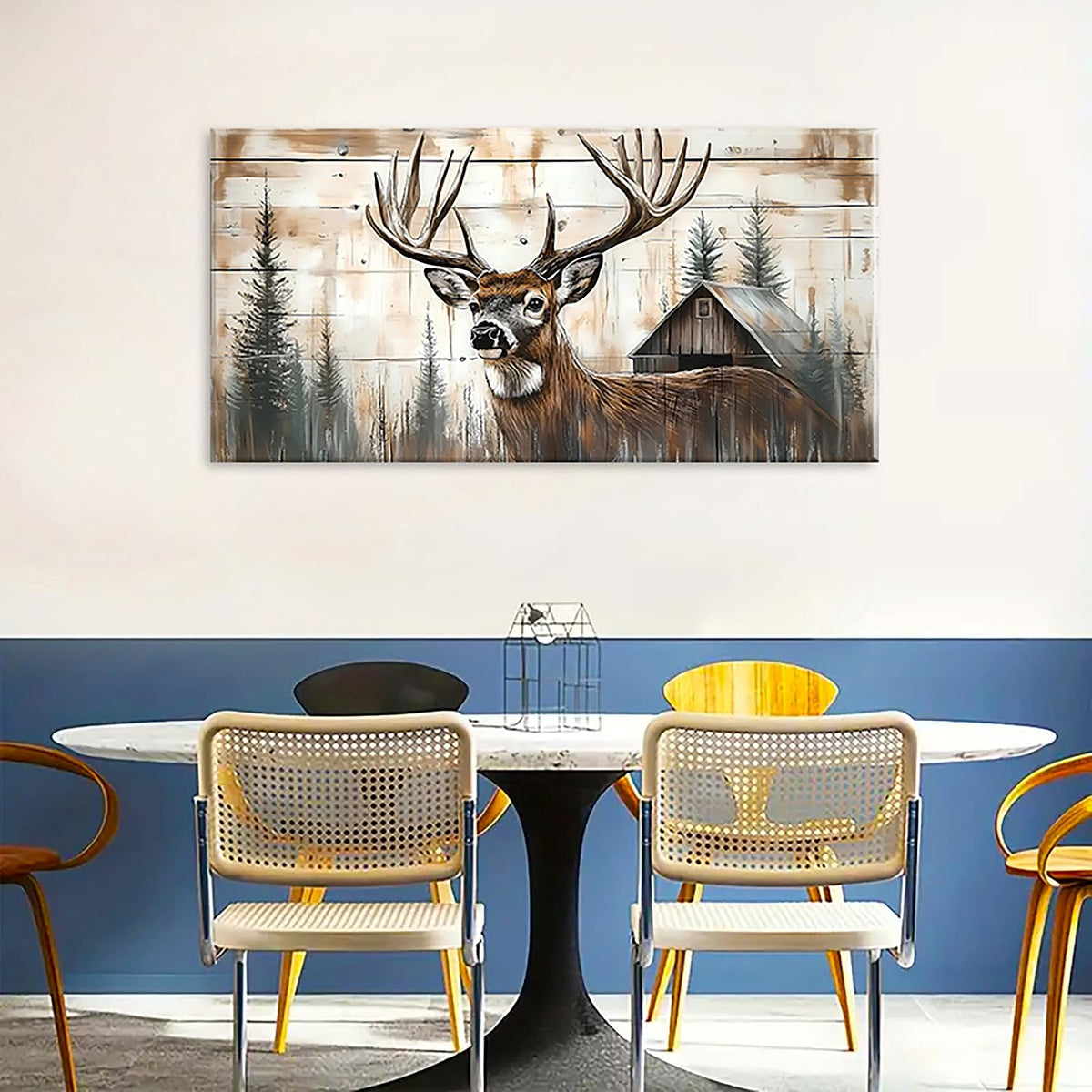 Farmhouse Deer Canvas Wall Art Rustic Deer Wall Decor Barn Picture for Kitchen Dining Room Home Decorations Wildlife Painting Vintage Tree Forest Poster Prints Woodland Animal Prints Artwork 24x48” (48"L x 24"W / DEER)