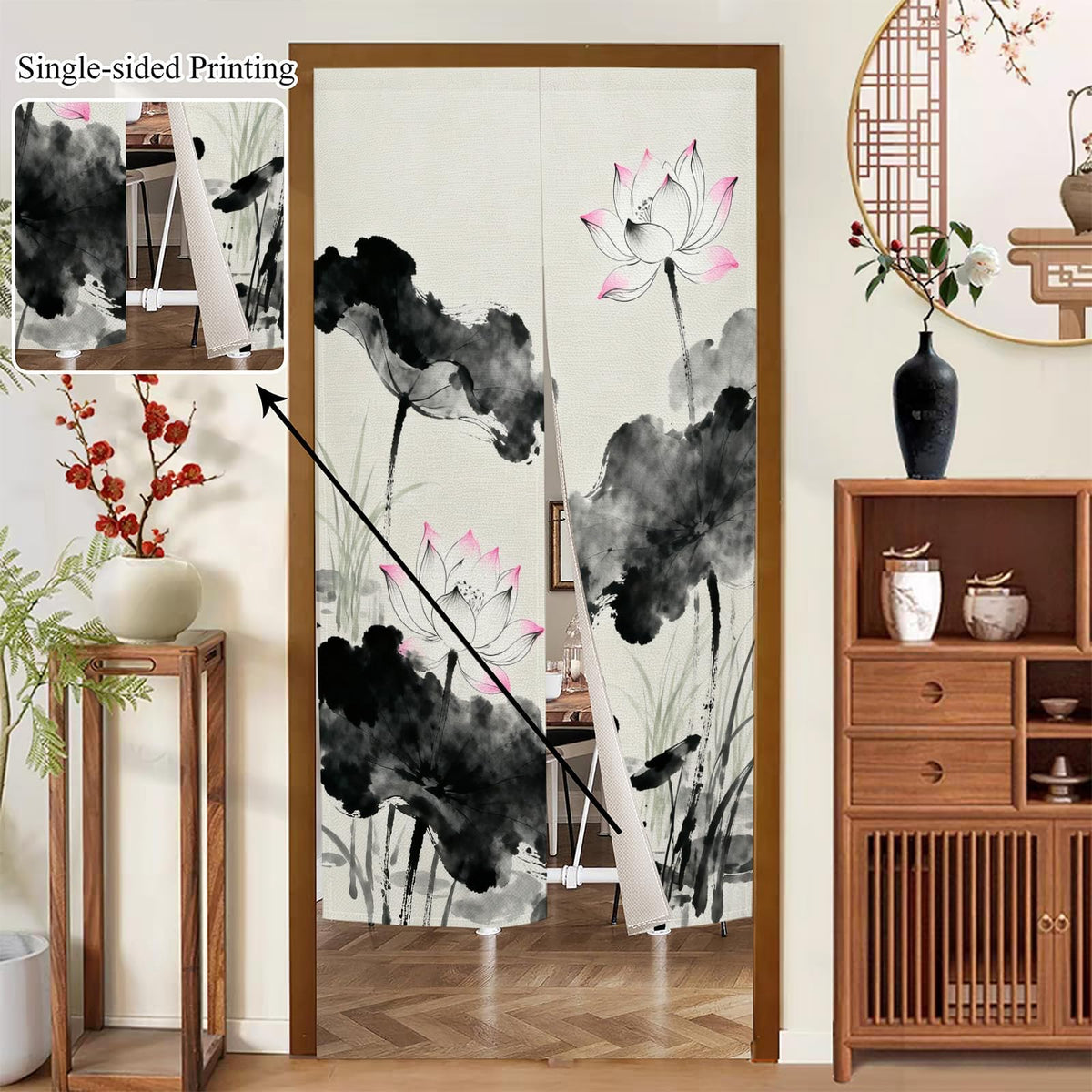 Japanese Noren Doorway Curtain Chinese Lotus Door Curtains 33.5x47.2inch (Grey / 33.5"W x 47.2"L (Pack of 1))