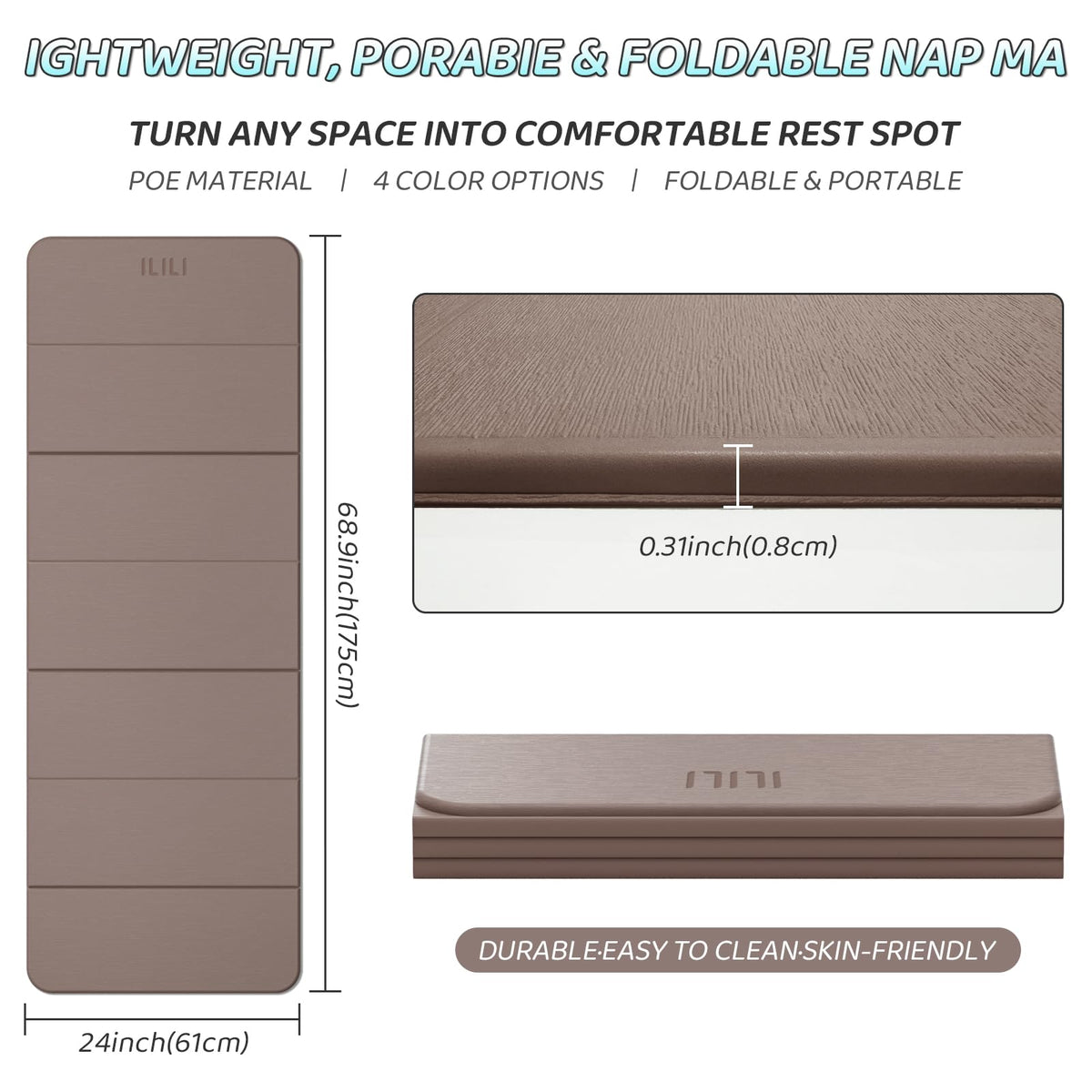 Foldable Yoga Mat 71 * 24 * 0.3 Inch (Brown)