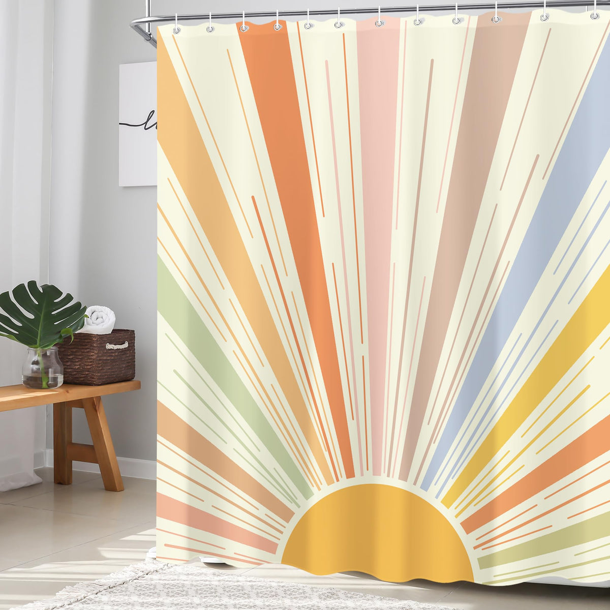 Boho Colorful Sun Shower Curtain 60"X72" Retro 70s Abstract Shower Curtain Set for Bathroom Sunrise Vintage Waterproof Bathtub Curtain Sunshine Hippie Mid Century Aesthetic Bathroom Curtain (60"W x 72"L (Pack of 1) / 70s Sun)