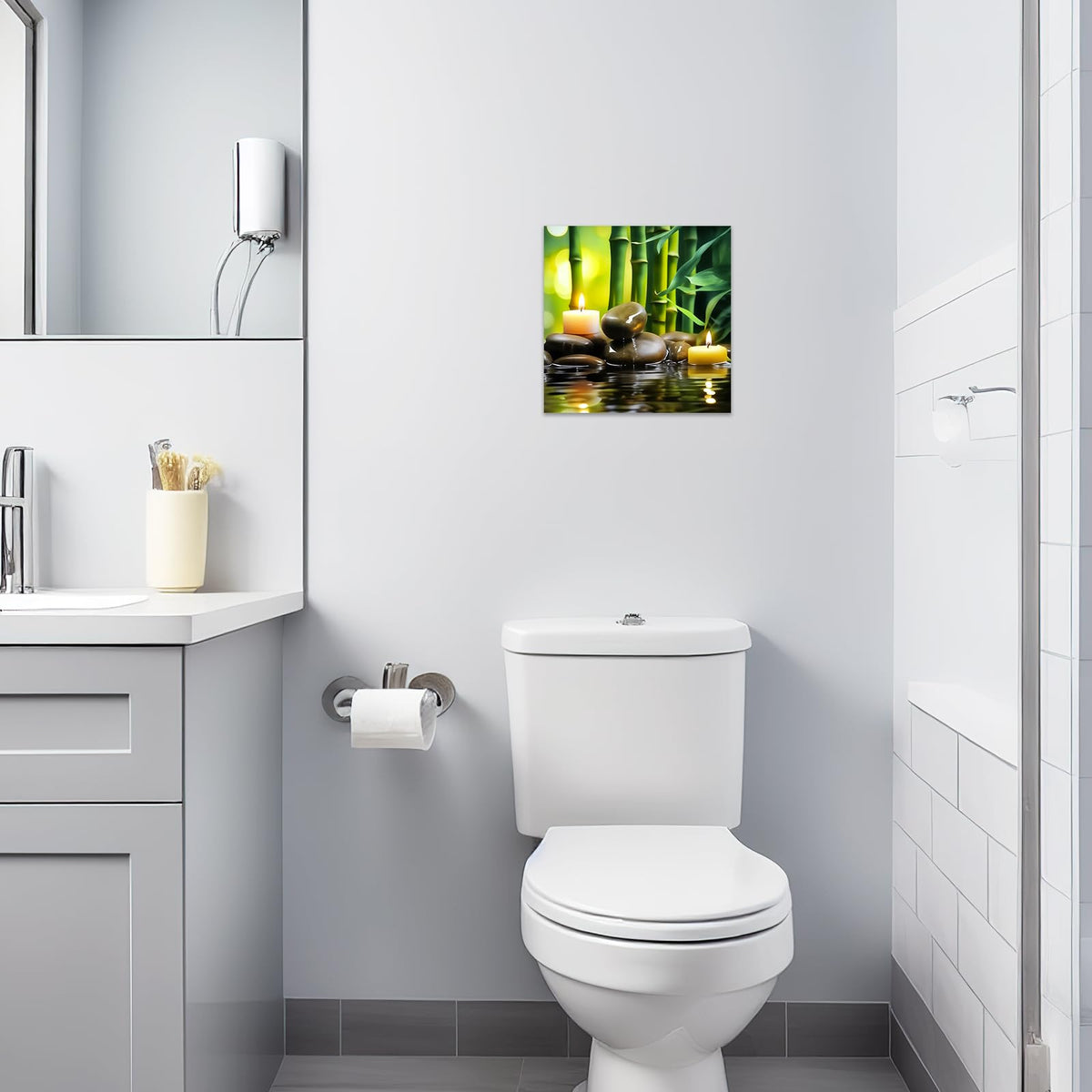 Green Zen Wall Art Stone Spa Pictures Bamboo Zen Bathroom Canvas Calming Meditation Print Relaxing Spiritual Yoga Room Office Decor Framed (C / 24.00"x24.00")