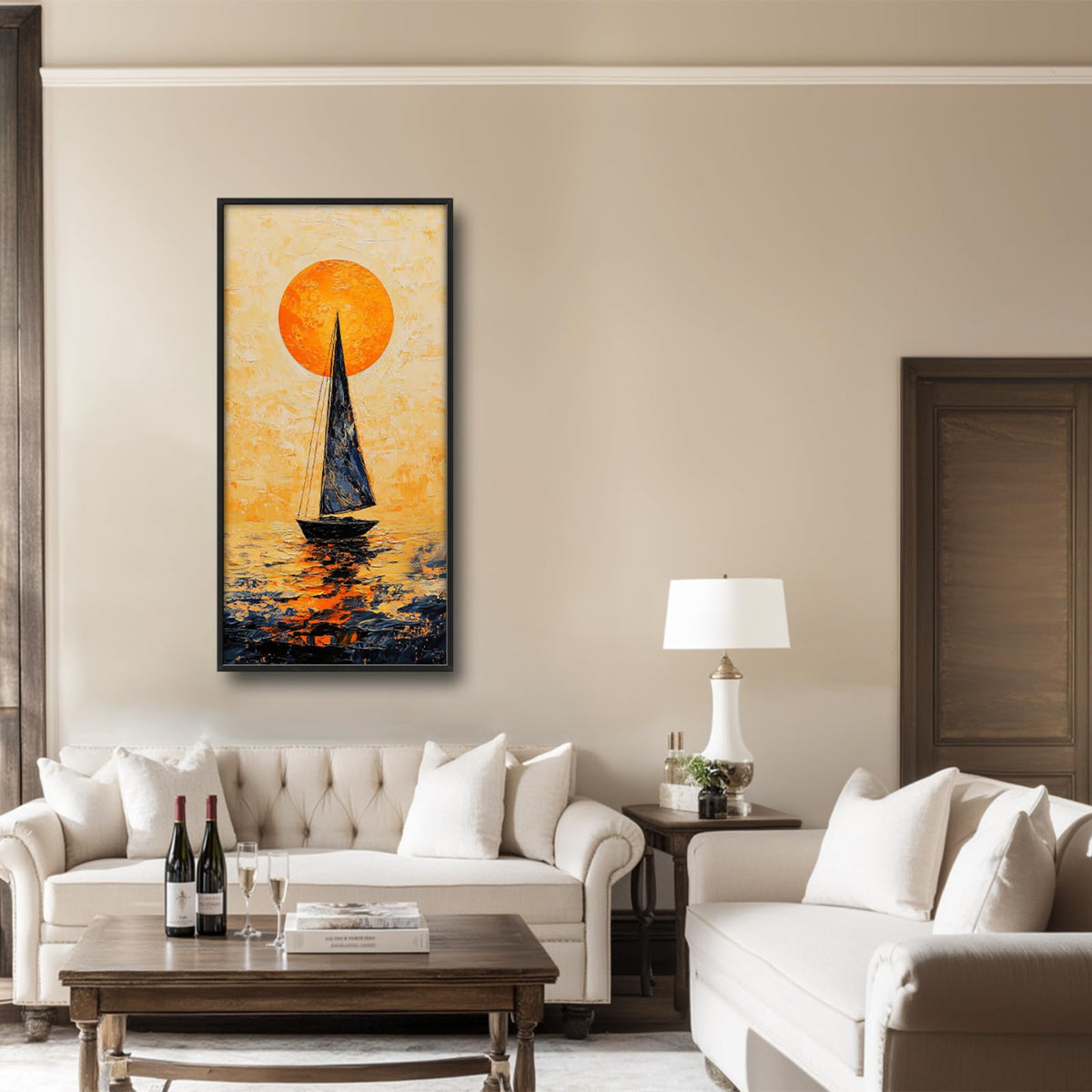 Sunset Sailboat Ocean Large Vertical Wall Art Coastal Seascape Canvas Framed Wall Decor Nautical Beach Pictures Painting for Living Room Bedroom Office 30"x60" (Sunset Sailboat Ocean / 60"L x 30"W)