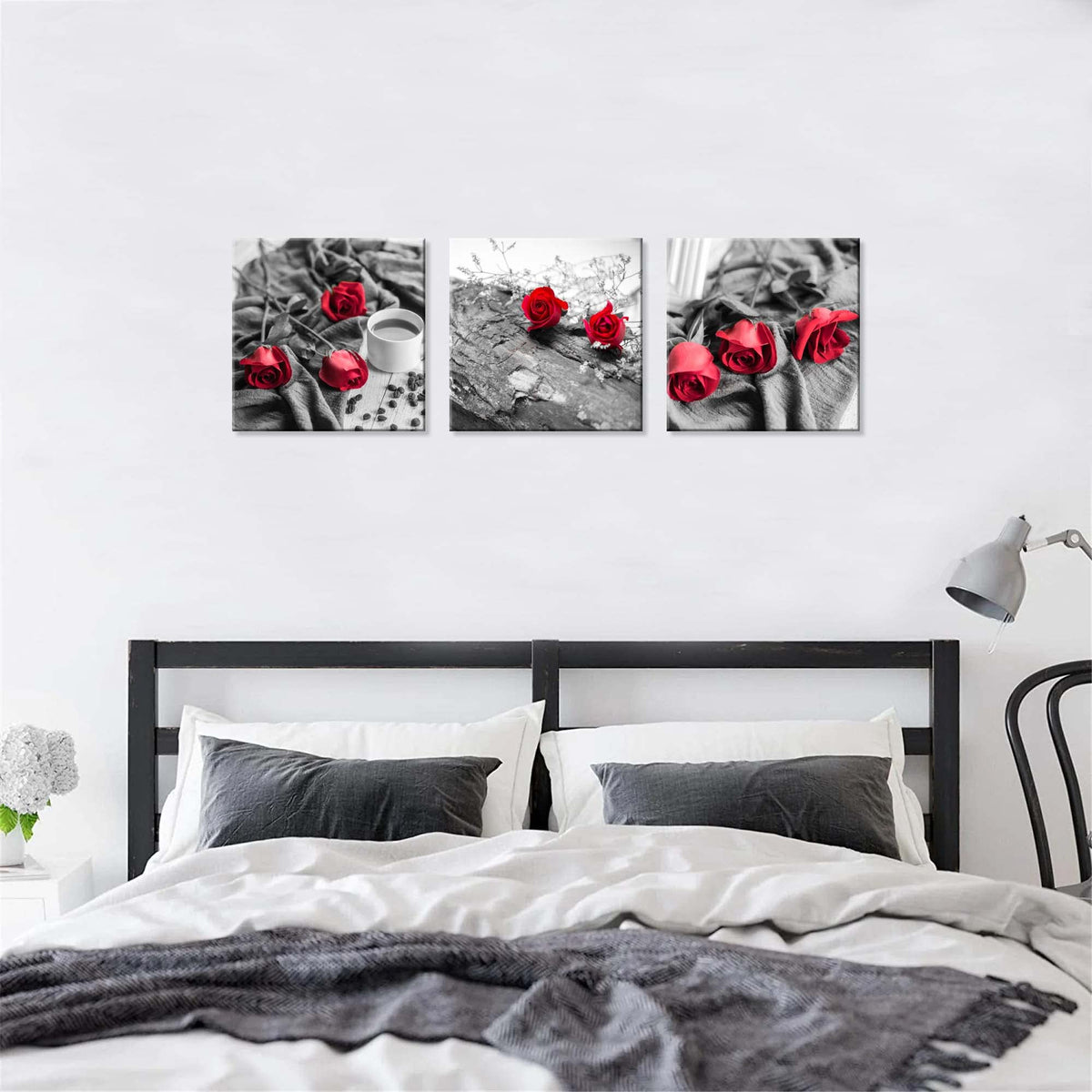 Canvas Print 3 Pcs Black and White Red Rose Canvas Art Painting Abstract Wall Art Decorations Flower Picture on Canvas for Home Decor Stretched and Framed (20 x 20 inches (3-Piece Set) / B&W Rose)