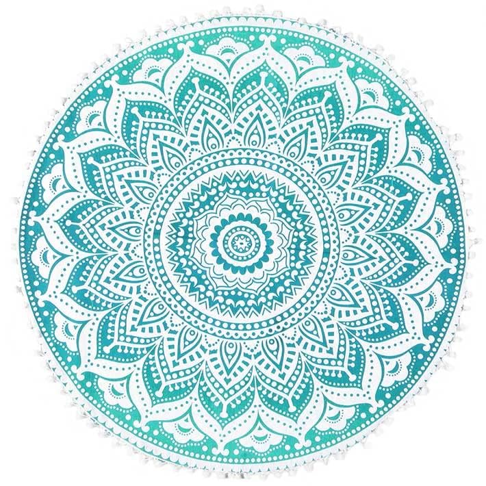 Mandala Floor Pillow Cover Meditation Cushion Seating Throw Hippie Round Colorful Decorative Bohemian Indian Pouf Ottoman Handmade Cover ONLY (32" x 32" (Pack of 1) / Ombre Green Round)