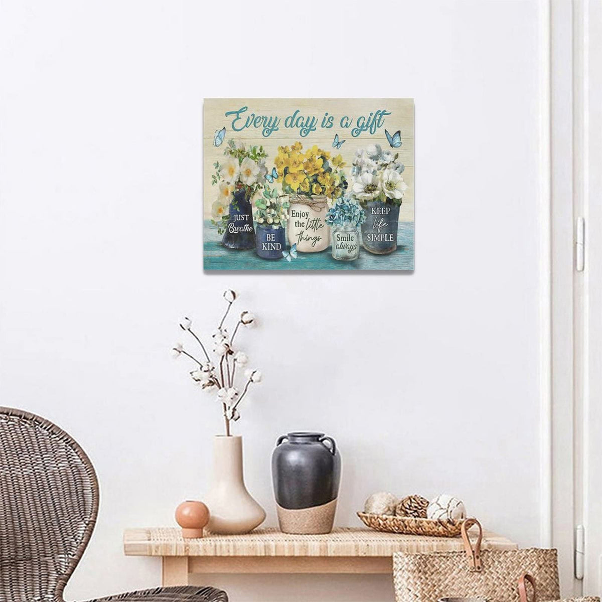 Farmhouse Bathroom Flower Decor Wall Art Every Day Is A Gift Butterfly Floral Inspirational Quotes Pictures Wall Decor Canvas Painting Prints Artwork Home Decorations Framed for Bedroom 20"x16" (Yellow Flower / 20"L x 16"W)
