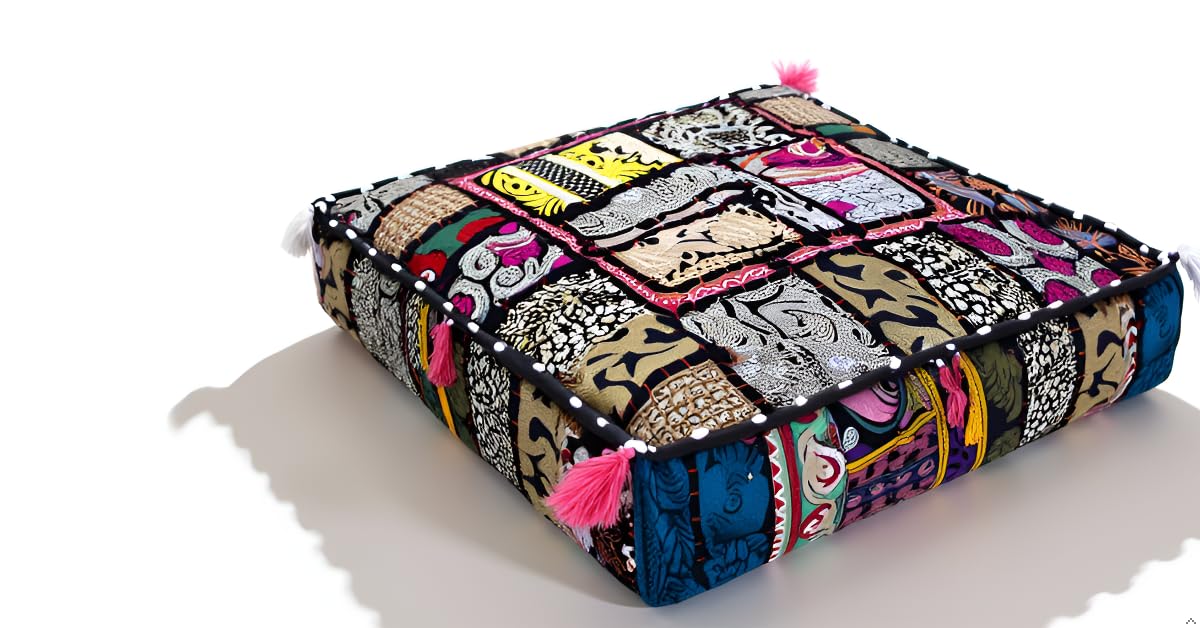 Indian Square Patchwork Traditional Pouf Cover Indian Living Room Poufs Decorative Embroidered Designer Ottoman Home Living Footstool Chair Cover Decor Pillow Cover 16x16x5 inches (16"D x 16"W x 5"H / Black)
