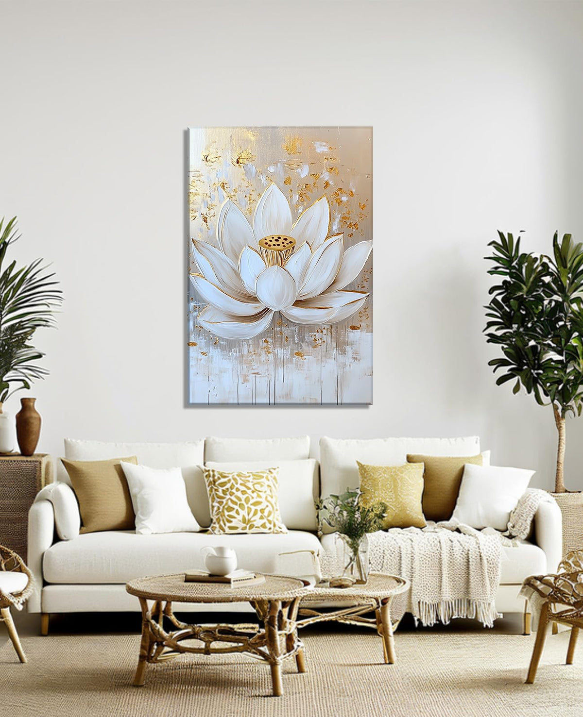 Lotus Canvas Wall Art Zen Wall Decor Framed White and Gold Lotus Flower Picture Meditation & Relax Painting Prints Spiritual Room Living Room Bathroom Ready to Hang (36"L x 24"W / D - White Gold)
