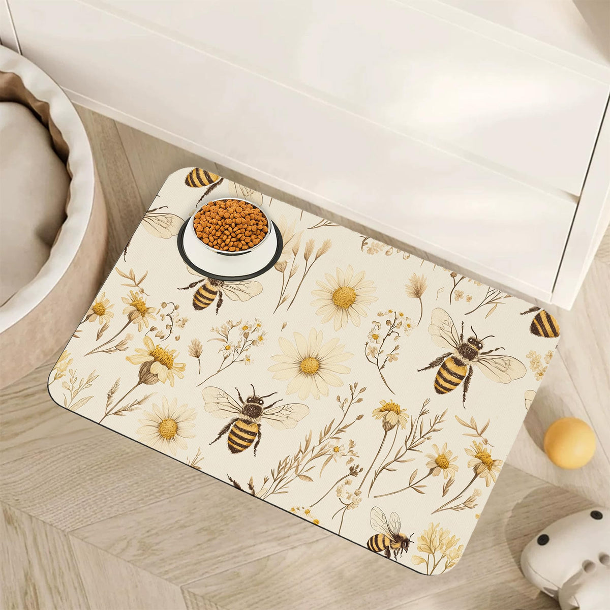 Bees Boho Daisy Floral Dog Food Mat for Floors (16"L x 16"W / Bees Boho Daisy Floral)