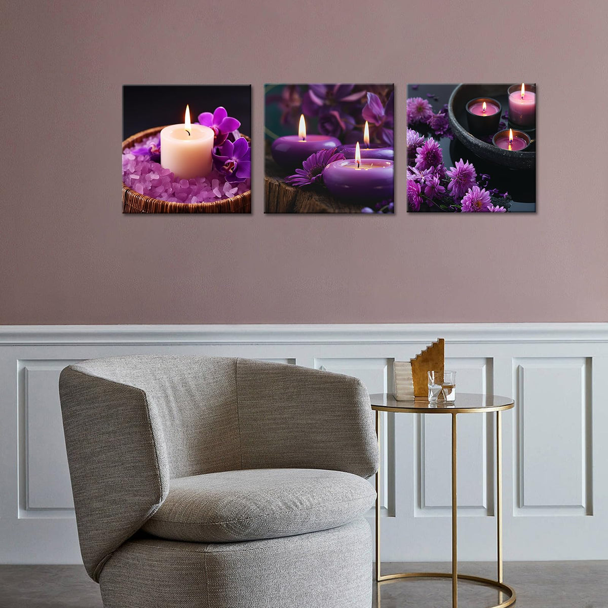 Spa Wall Art Set of 3 Zen Decor Purple Wall Art Purple Flowers Aromatherapy Candles Spa Pictures Prints on Canvas for Bathroom Home Office Decor Ready to Hang (Zen 03 / 24"L x 24"W)