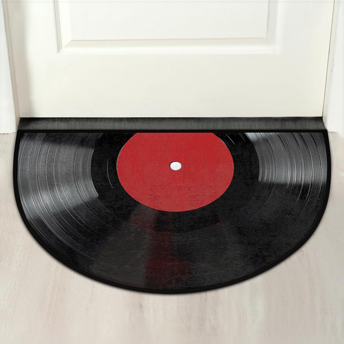 Music Vinyl Record Half Round Door Mat Indoor Entrance Low Pile Non Slip Absorbent Semi Circle Welcome Mats Doormats 36x24 in Floor Mats for Home Kitchen (Black Red Vinyl Record)