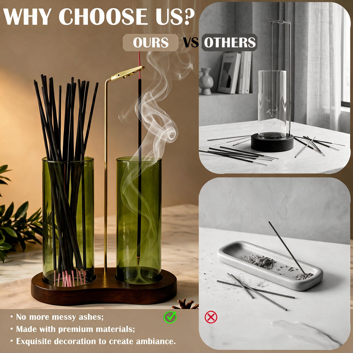 Incense Holder for Sticks Upside Down Hanging Incense Burner with Removable Glass Ash Catcher and Wooden Base (Green)