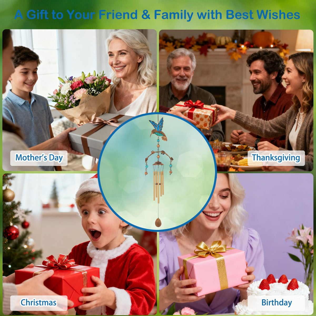 Hummingbird Wind Chimes for Outside (Blue Hummingbird)
