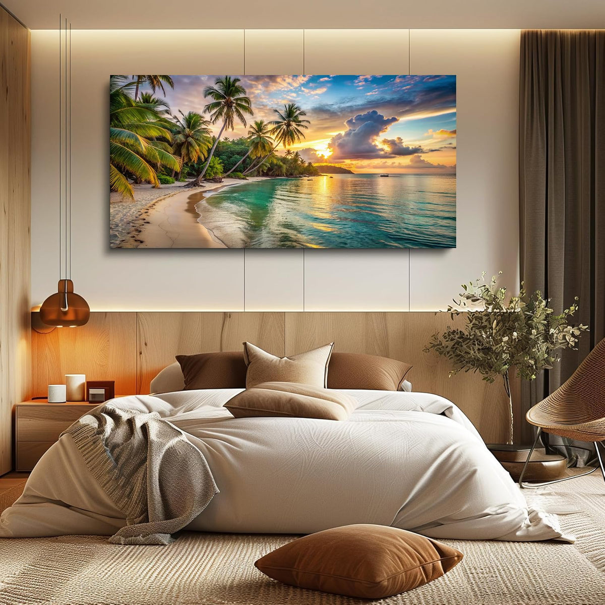 Large Picture for Lliving Room Sunset Beach Wall Art Tropical Paintings Coastal Artwork Ocean Decor Plam Tree Landscape Canvas Prints for Bedroom Wall Decor Office Framed Home Decoration (2BeaP01 / 60"L x 30"W)