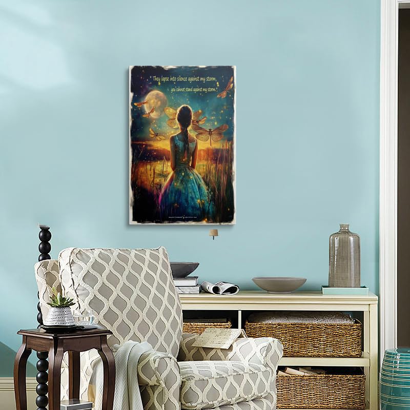 Framed Girl Moon Canvas Wall Art Dragonfly Inspirational Decor 16x24 Inches (Moon Girl / 24"L x 16"W)