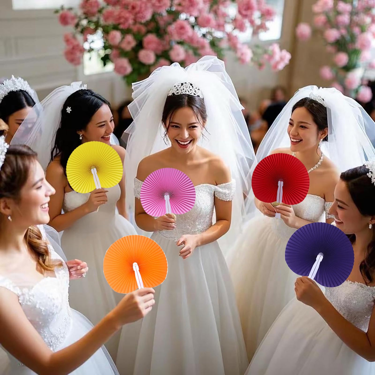 24 Pieces Multicolor Round Paper Fans (Multi Color White Handle / 24 PCS)