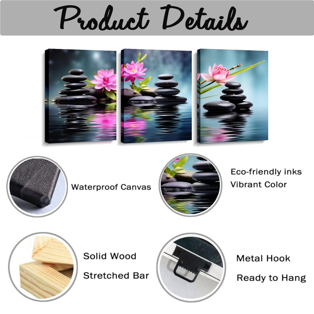 Zen Wall Art 3 Pieces Bathroom Decor Pink Lotus and Massage Stones on Water Pictures Meditation Painitng Canvas Prints Relax Artwork for Spiritual Room Home Decor Framed (Lotus-2 / 20.00"x28.00"x3P)