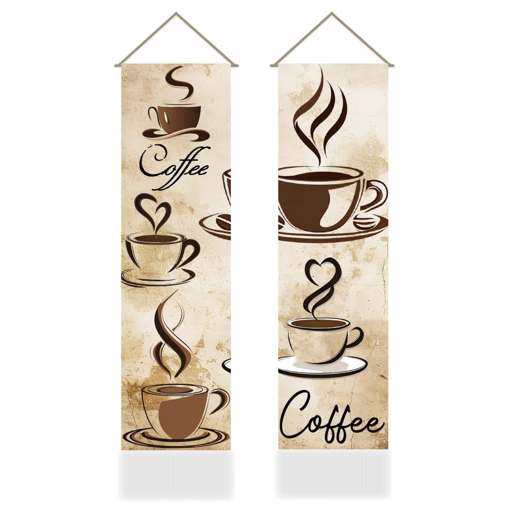 2Pcs Coffee Tapestry Coffee Line Drawing Wall Hanging Tapestries (Beige-coffee)