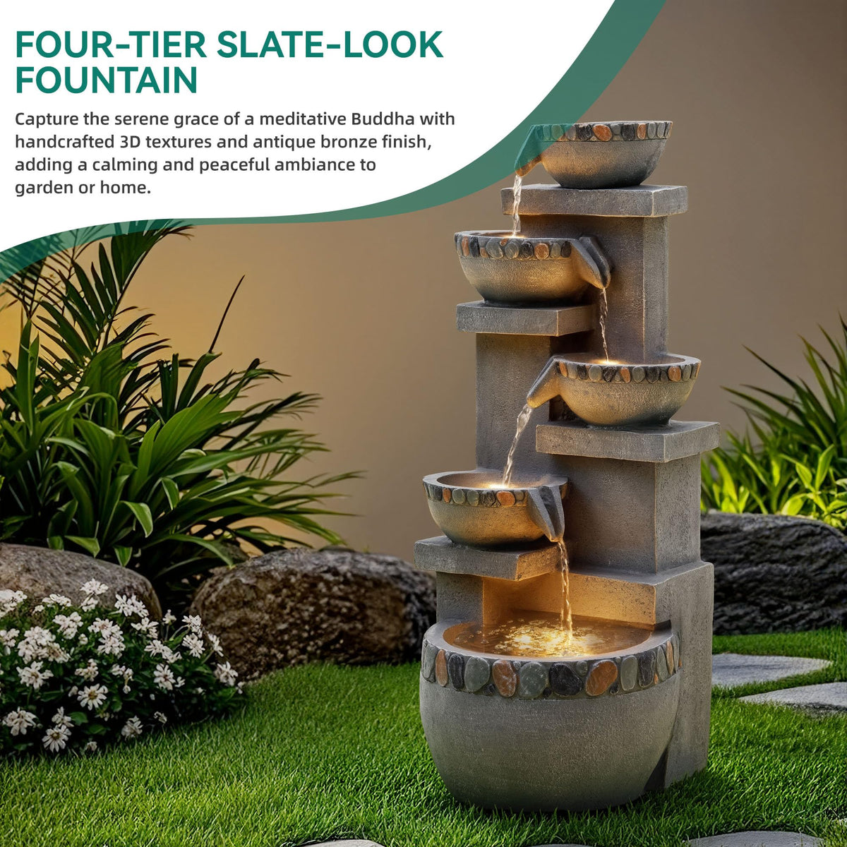 4 Tier Outdoor Water Fountain Outdoor with Pebbles and Warm LED Lights (33"H / 33"h Concrete & Pebbles)