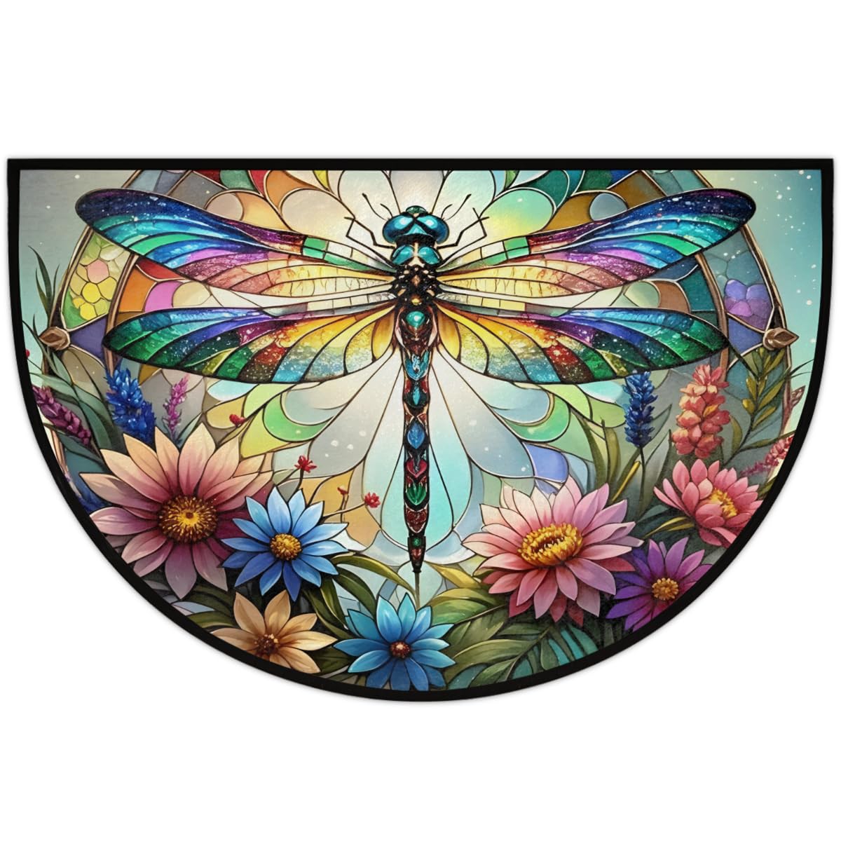 Half Round Door Mat Dragonfly Rainbow Animal Half Moon Rug Flower Glass Washable Half Circle Area Rugs Indoor Entrance Non Slip Semi Circle Bathroom Rugs Floor Carpet for Kithen Bedroom Decor (Color 7)