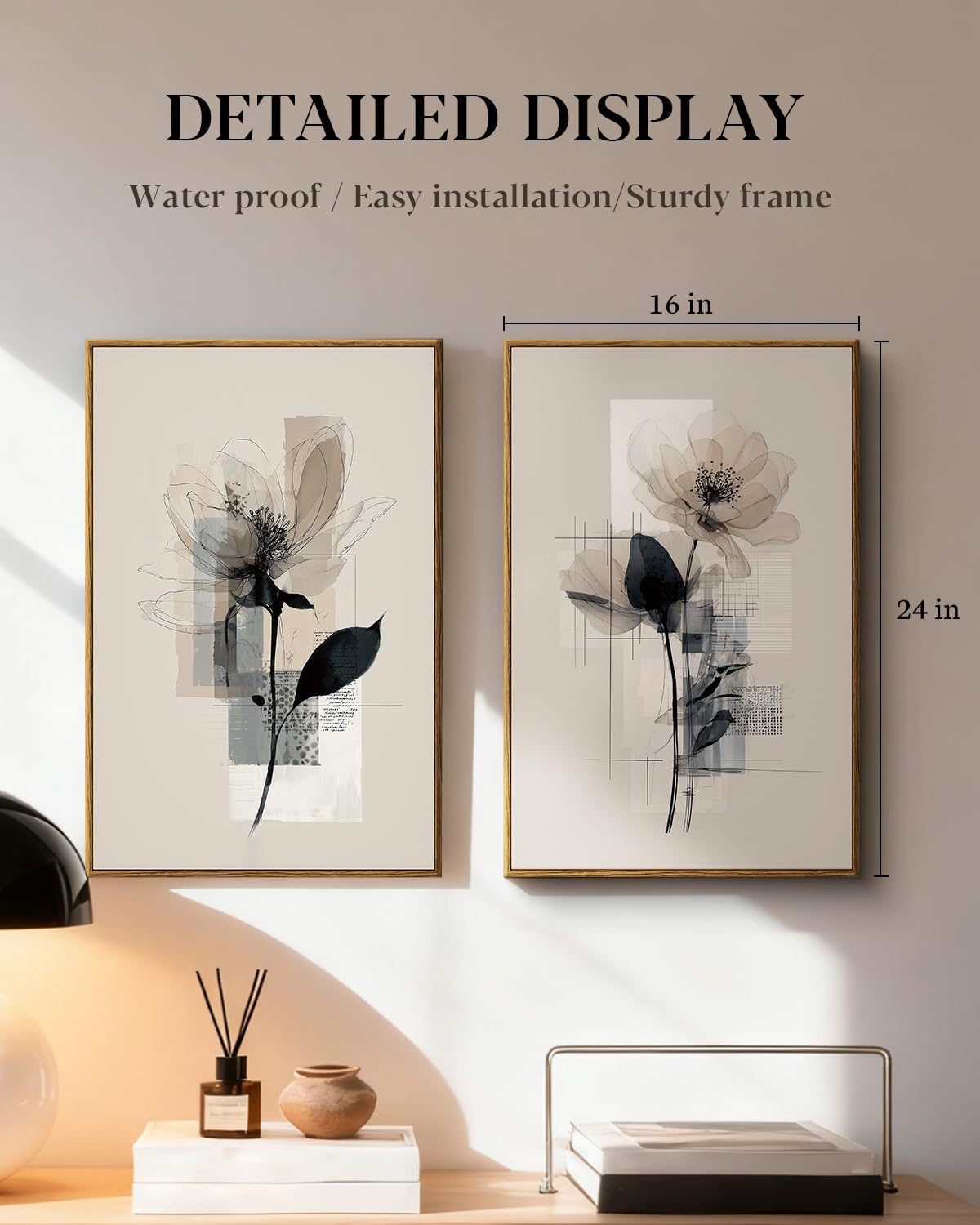 Large Modern Abstract Flower Wall Art Framed Canvas Set of 2 (Handwriting / 16"x24"x2)
