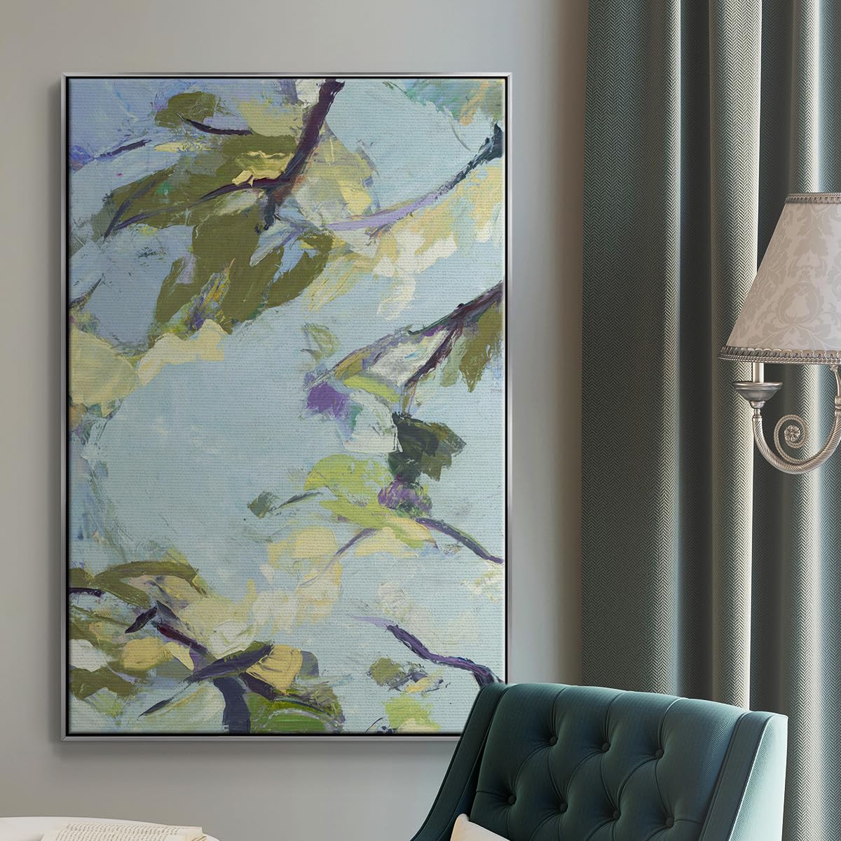 Abstract Nature Art Silver Floater Frame Home Paintings & Prints Blue Sky & Trees Reflection in a Lake Canvas Wall Decorations for Bedroom Classroom Office (37"L x 25"W / Aqua Sky)