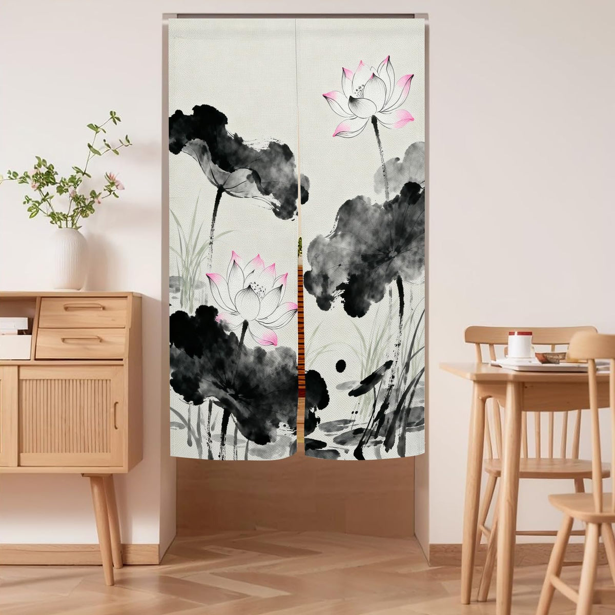 Japanese Noren Doorway Curtain Chinese Lotus Door Curtains 33.5x47.2inch (Grey / 33.5"W x 47.2"L (Pack of 1))