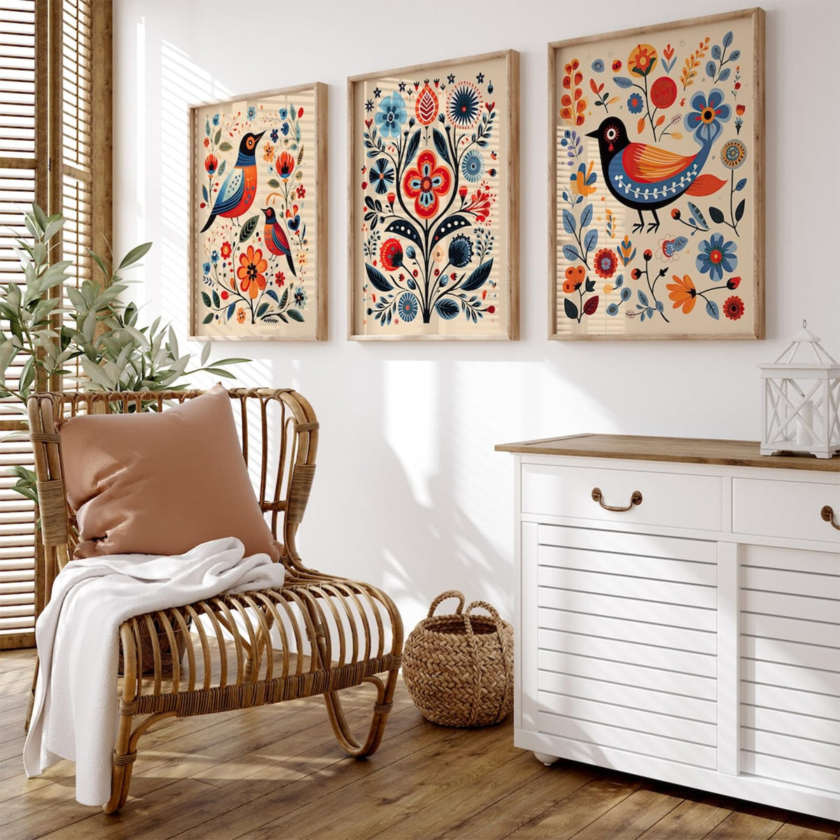 Scandinavian Folk Wall Art Nodic Flower Canvas Wall Decor Norwegian Wall Art Poster Swedish Antique Wall Decor Pictures Floral Bird Prints Vintage Poster for Home Kitchen 24x36x3 Inch Unframed (Unframed / Colorful Flower Prints Art / 36"L x 24"W)