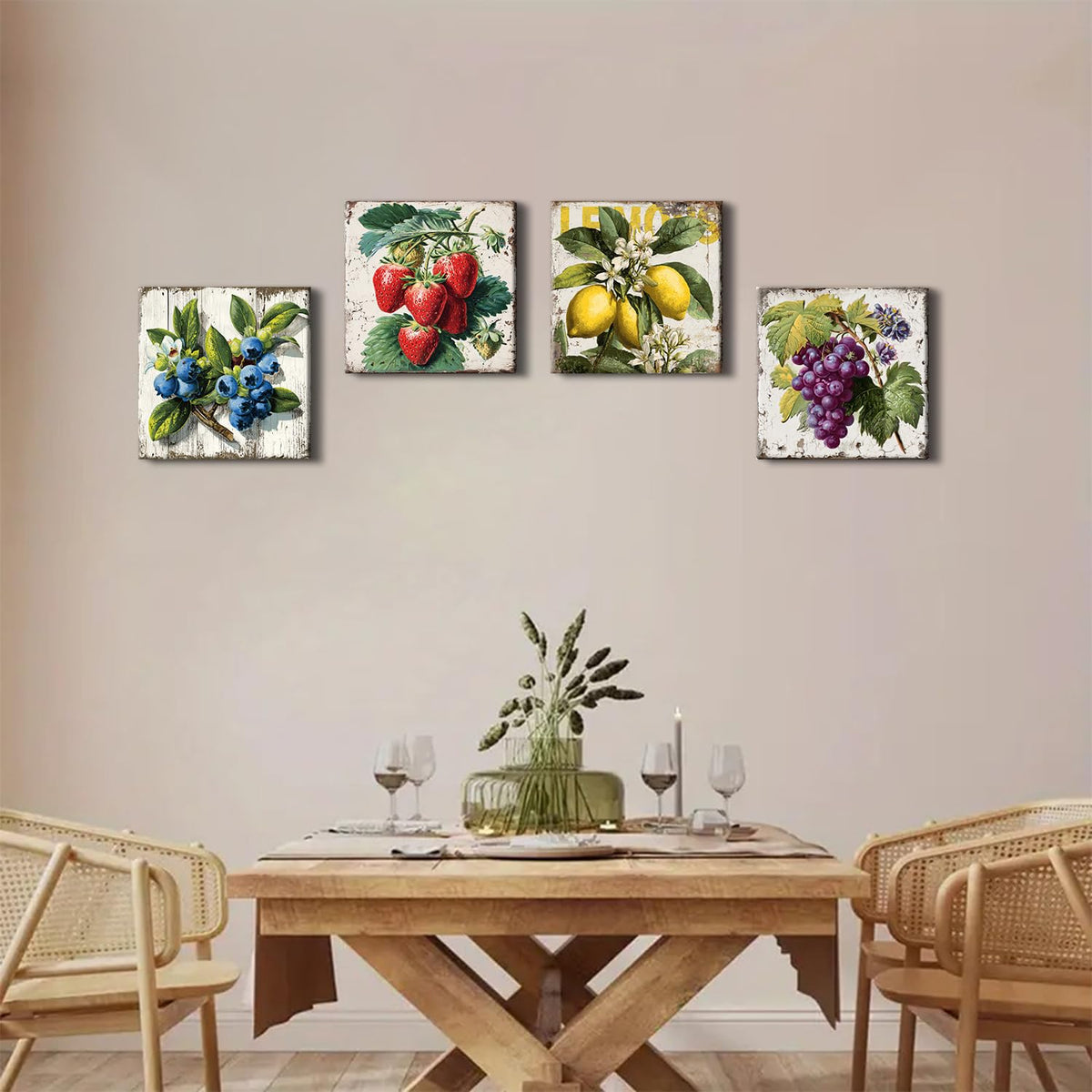 Vintage Fruit Wall Art for Kitchen Wall Decor Farmhouse Dining Room Pictures Rustic Lemon Strawberry Canvas Paintings Colorful Fruits Theme Prints Blueberry Grape Poster Artwork Decorations 12x12” 4P (12"L x 12"W / Fruit02)