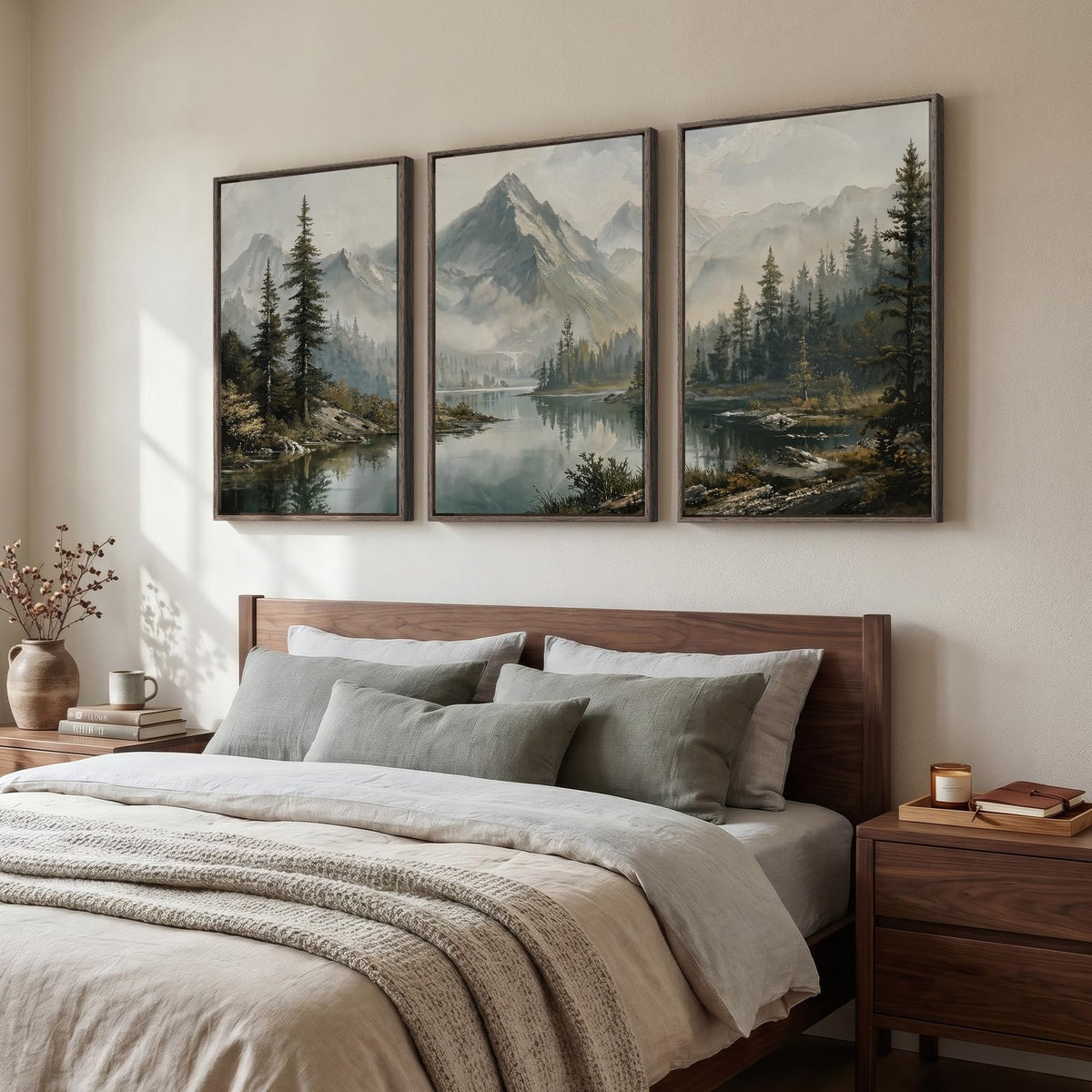 3 Piece Large Framed Mountain Landscape Wall Art for Living Room (Gray / 24" W x 36" H x 3Pcs)