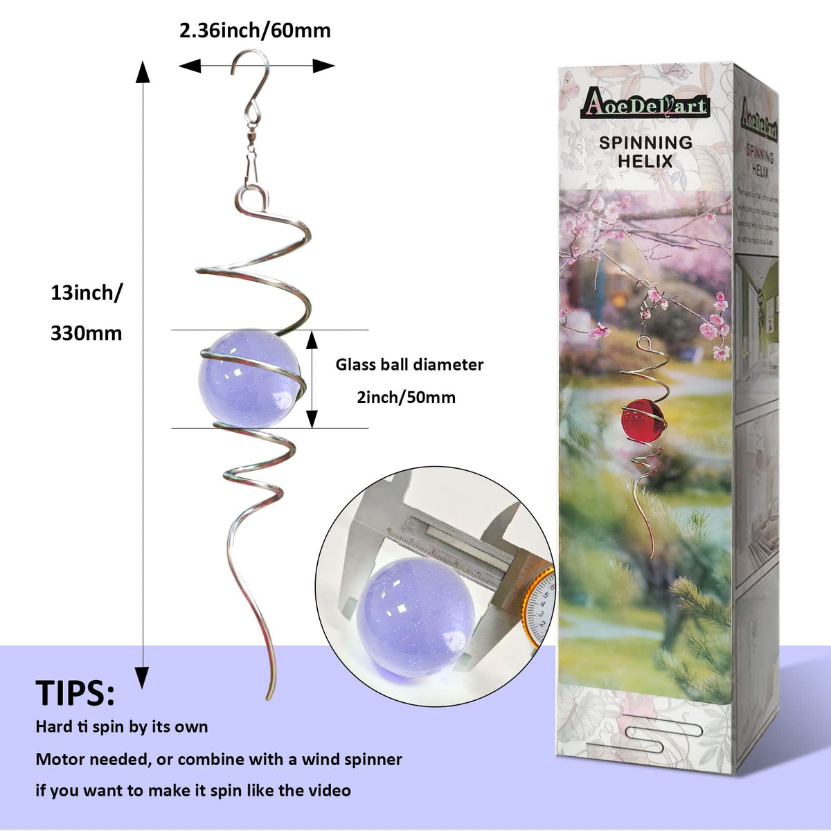 Gazing Ball Spiral Decorative Wind Spinner Tail Sun Catcher 11inch Tail and 2 inch Glass Orb.Wind Spinner Stabilizer Indoor Outdoor Garden Decoration (13in / 005-purple)