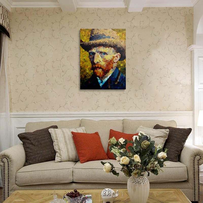 Abstract Van Gogh Portrait Canvas Wall Art Framed Painting Modern Cubist Style Vincent with Straw Hat Geometric Brushstrokes in Vibrant Colors Orange Blue Gallery Wall Decor Artwork 16x24 Inches (van gogh / 24"L x 16"W)