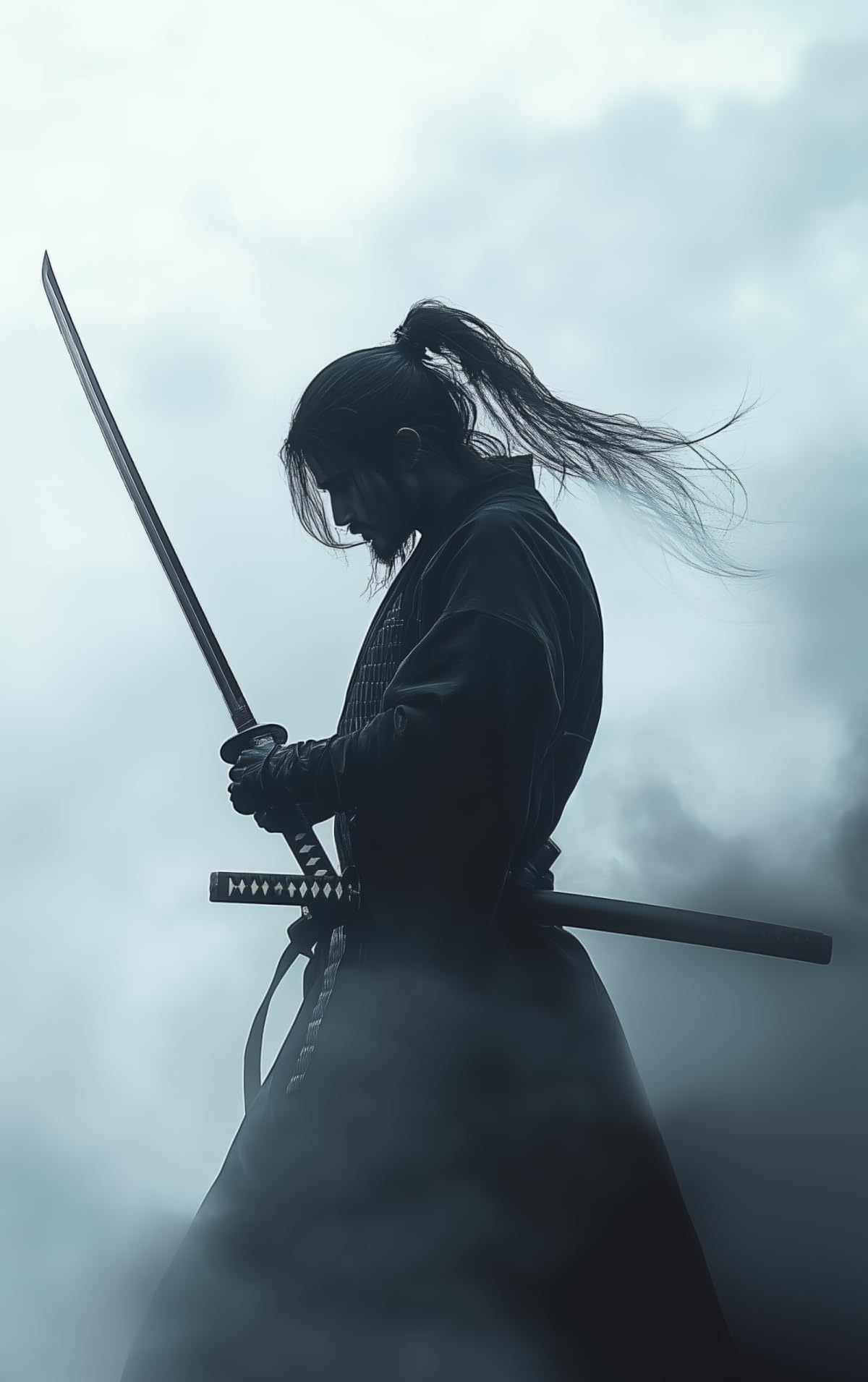 Blue Haze Silhouette Samurai Canvas Framed Wall Art (12"L x 16"W / Samurai17)