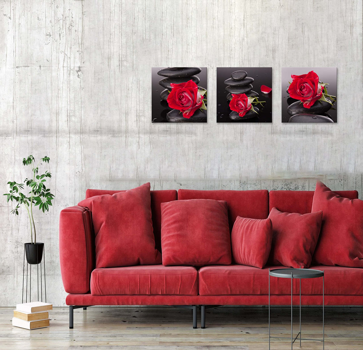 Red Canvas Wall Art Bedroom Wall Decor Black and White Zen Stones Spa Wall Art Rose Pictures for Living Room Kitchen Home Decorations Red Bathroom Accessories Flower Paintings Room Artwork (20 x 20 inches (3-Piece Set) / Rose & Zen Stone)