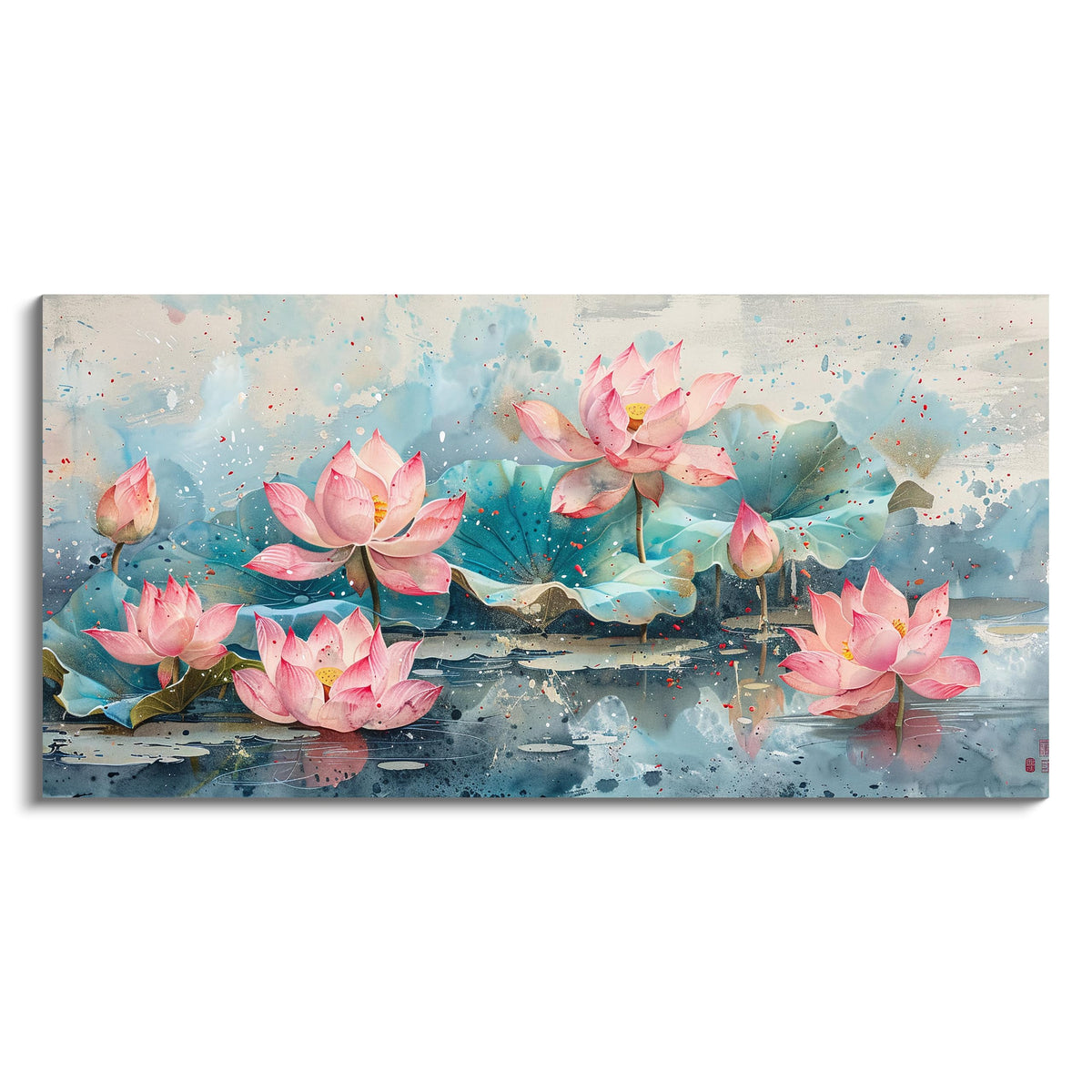 1Pcs Vintage Pink Lotus Flowers Watercolor Canvas Wall Art Print Serene Pond Scenery Blooming Lotuses Teal Leaves Color Splashes Tranquil Floral Nature Pictures for Home Decor Ready to Hang (Pink Lotus-One Piece / 24"L x 12"W)
