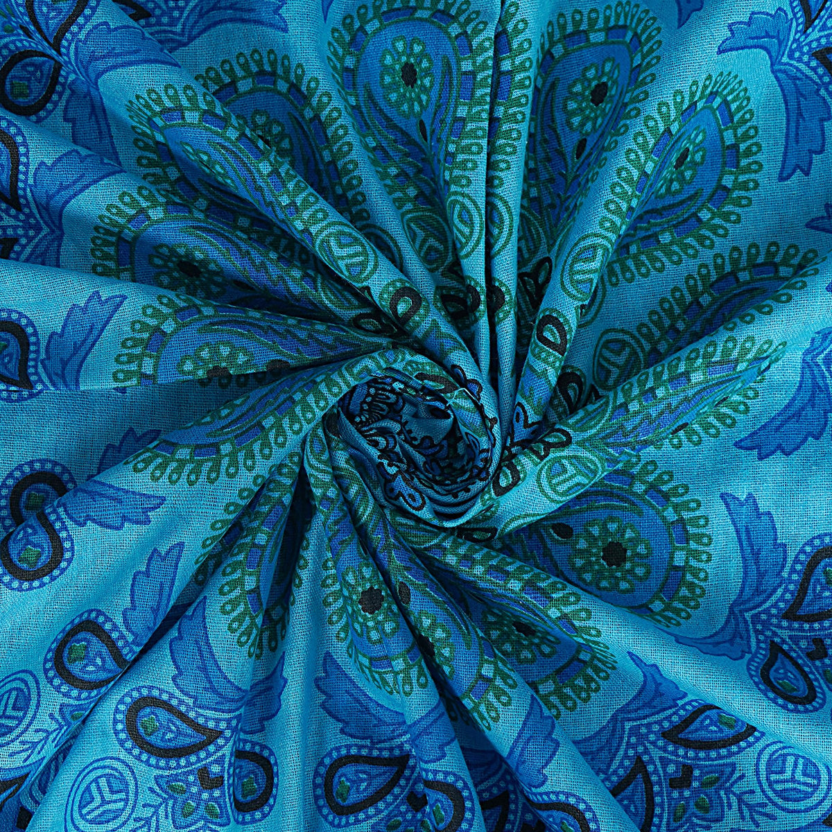 Handmade Cotton Peacock Mandala Tapestry (90"L x 84"W / Turquoise)