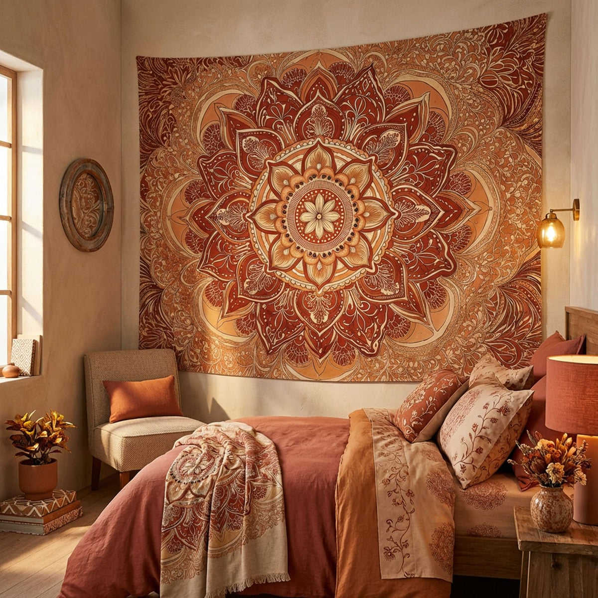 Tapestry Ornate Floral Mandala Tapestries Bohemian Indian Tapestries Elegant Pattern Wall Tapestry Bedroom Dormitory Living Room Decoration 80"x60" (Earth Tones / 80"L x 60"W)