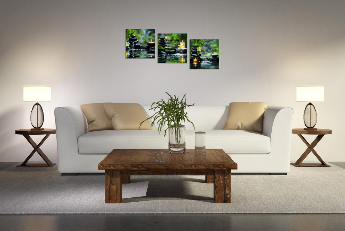 3 Panels Zen Wall Art Zen Pictures for Bathroom Spa Stone Green Bamboo White Frangipani Flower Pictures Print on Canvas for Home Office Kitchen Wall Decor Stretched and Framed 12x12inchx3 (12x12inchx3 / Green Zen)