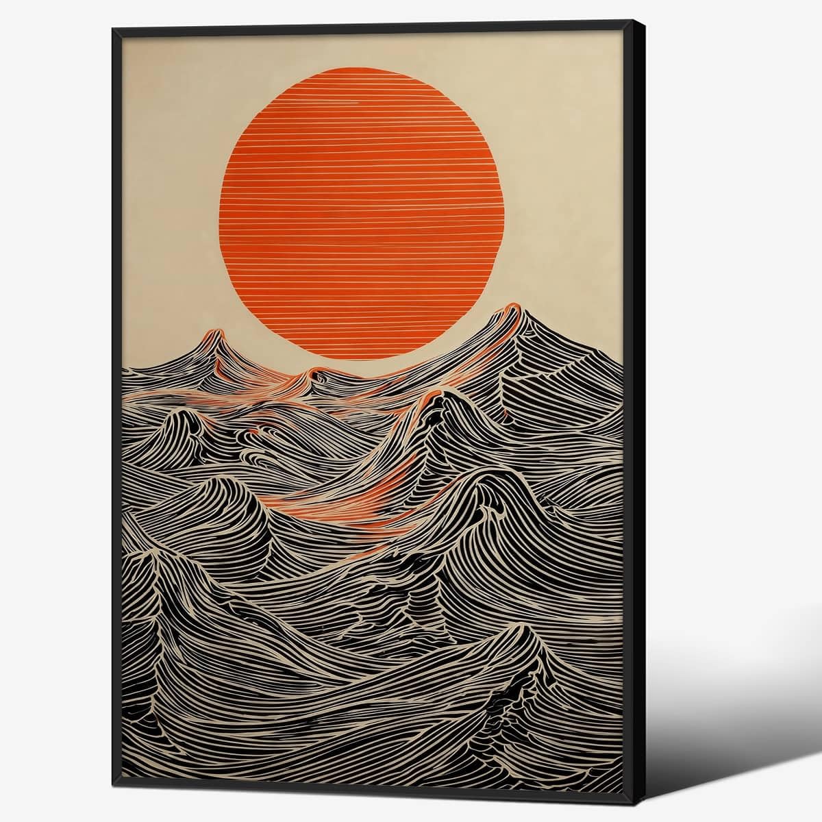 Black Framed Abstract Japanese Style Artwork 20x30in Sun and Waves Wall Art Modern Minimalist Ocean Poster Asian Home Decor Print Painting for Japanese Living Room Bedroom Office Ready to hang (Black Framed / Japanese Painting / 30"L x 20"W)