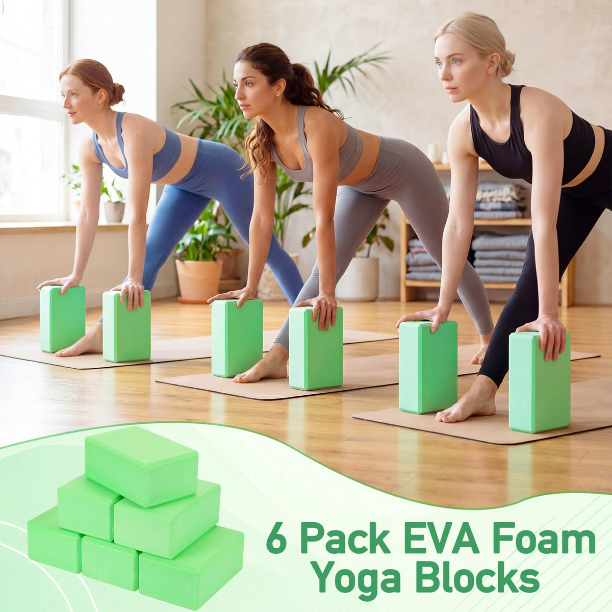 6 Pack Yoga Blocks 9 x 6 x 4 Inch EVA Foam Lightweight Non Slip Yoga Props for Pilates Stretching Meditation (Green)