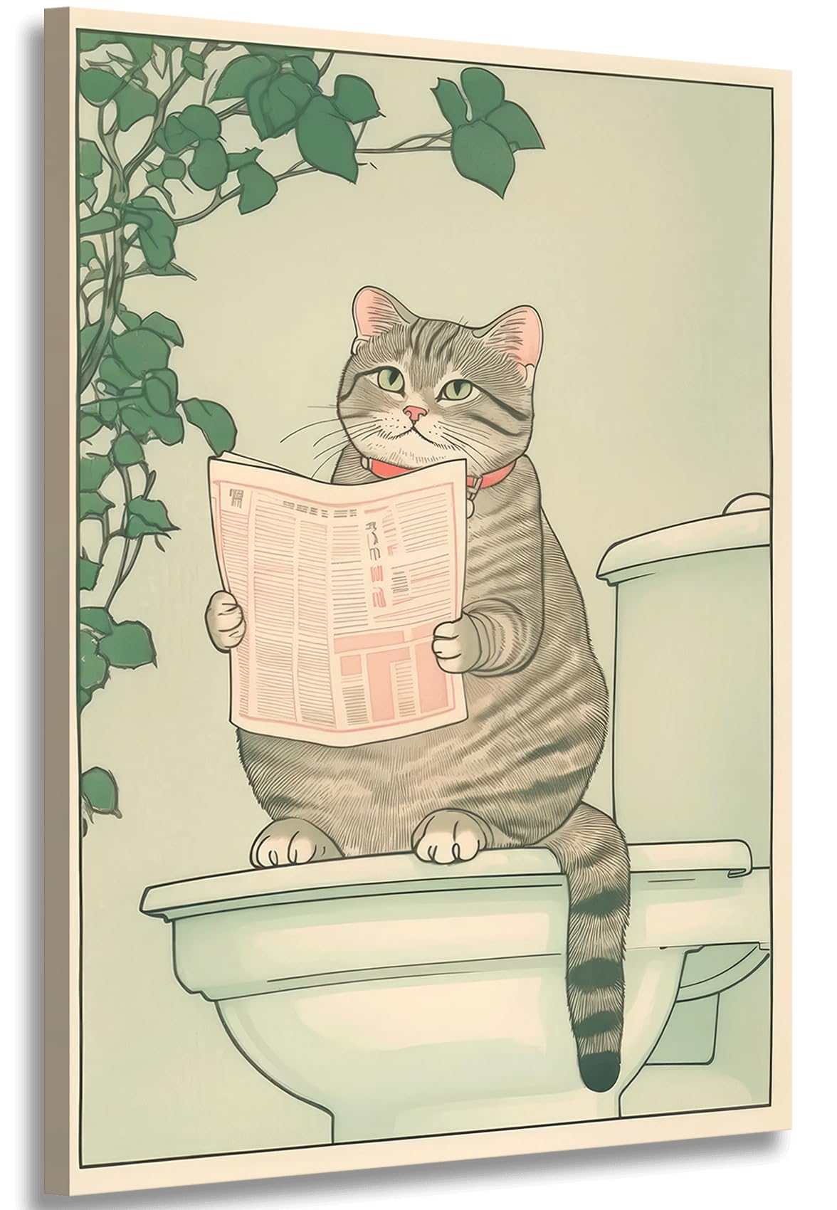 Tabby cat on a toilet Canvas Wall Art apanese cat Wall Decor pictures Funny Bathroom Animal Poster Prints Japanese Aesthetic painting Neutral Minimalist Artwork（16x24in Canvas） (yellow / 24"L x 16"W)
