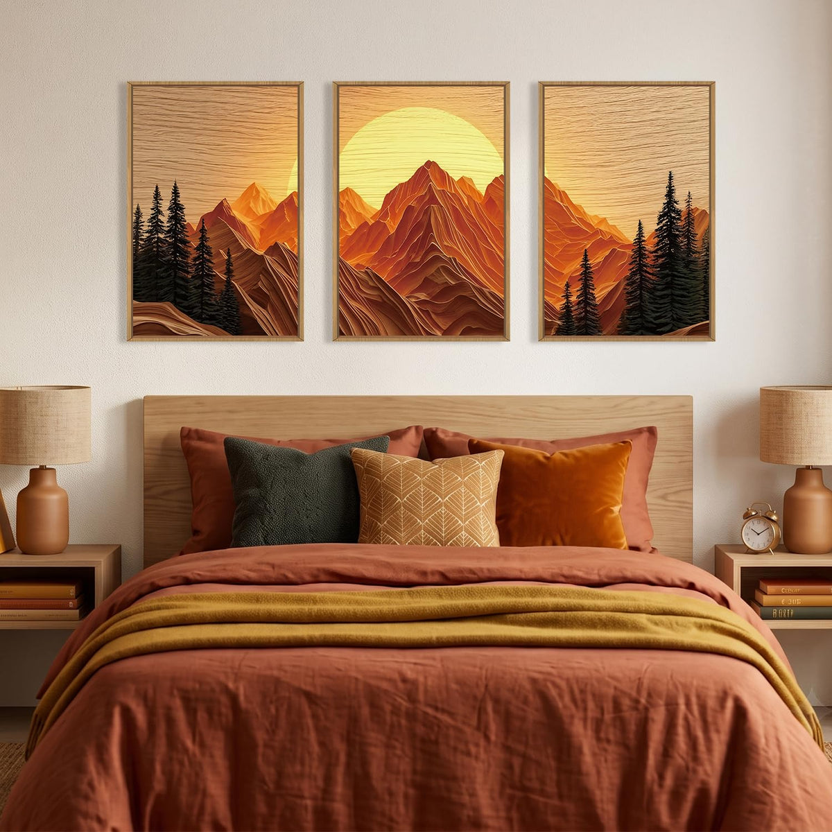 Large Boho Golden Mountain Framed Canvas Wall Art Set (Sun Mountain Wall Art / 16"L x 24"W)