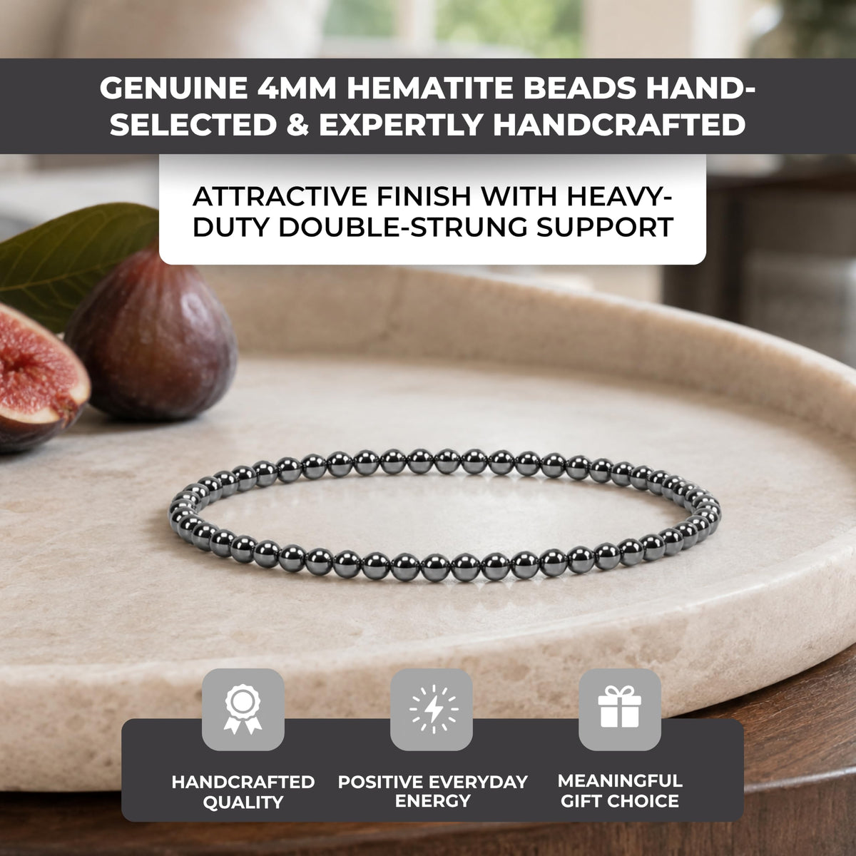 Hematite Bracelet 4mm Beaded Bracelet (Hematite / Medium)