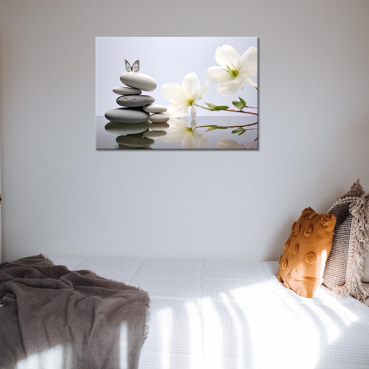 Zen Stone Canvas Wall Art Spa Stone with White Flower and Butterfly Picture Bathroom Wall Art Modern Spa Artwork for Spiritual Yoga Room Bedroom Picture Wall Decor (Zen Stone 03 / 42"L x 28"W)
