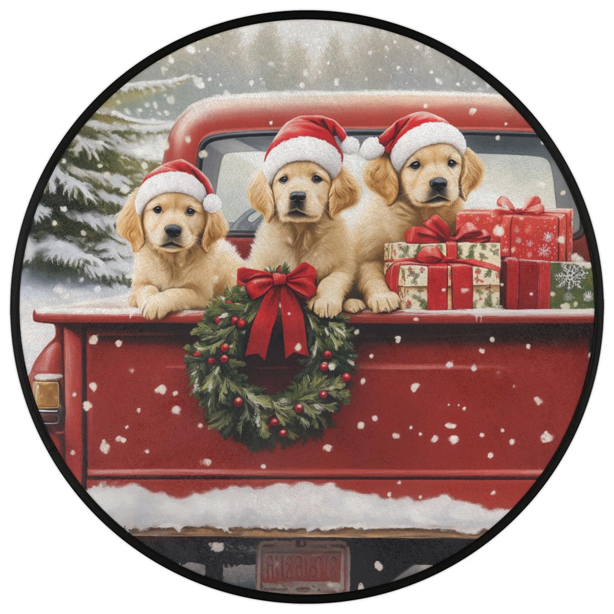 Christmas Red Truck Dog Round Area Rug 3Ft Circle Rugs Carpet Floor Mat (3 ft / Dog)