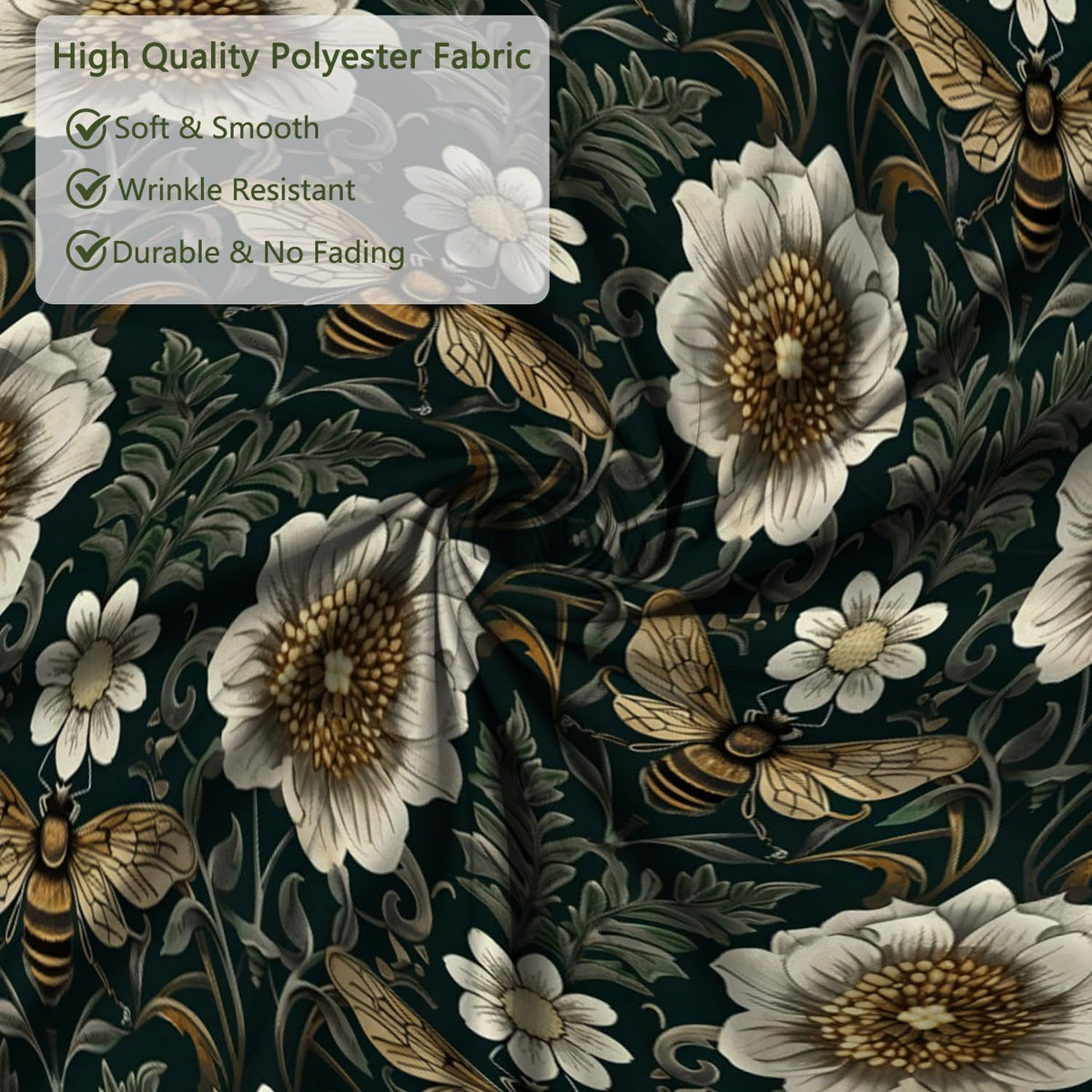 Botanical Shower Curtain with Hooks (Floral & Bees)